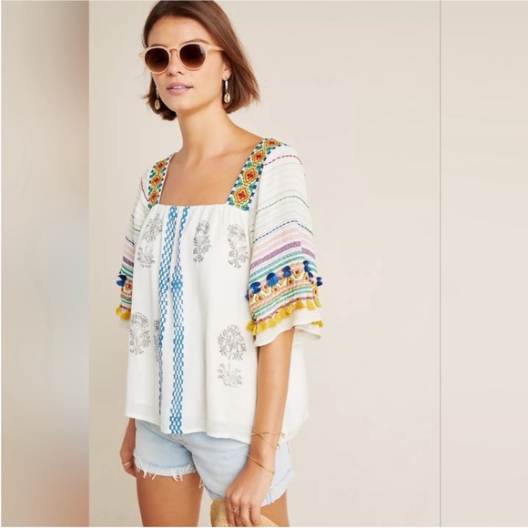 Anthropologie Vineet Bahl Kiera Embroidered Boho Peasant Blouse XS - Runs Large - Picture 13 of 13